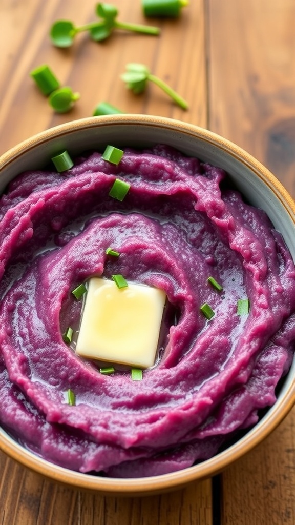 Creamy mashed ube in a bowl, garnished with butter and herbs, on a rustic wooden table.